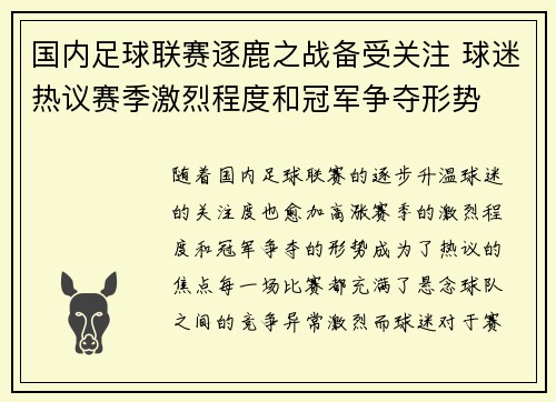 国内足球联赛逐鹿之战备受关注 球迷热议赛季激烈程度和冠军争夺形势