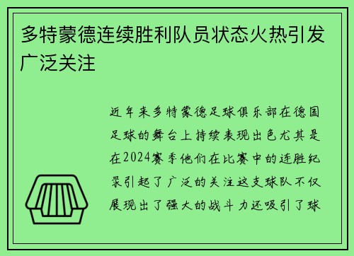 多特蒙德连续胜利队员状态火热引发广泛关注 多特蒙德连续胜利队员状态火热引发广泛关注
