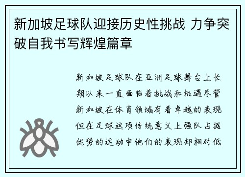 新加坡足球队迎接历史性挑战 力争突破自我书写辉煌篇章 新加坡足球队迎接历史性挑战 力争突破自我书写辉煌篇章