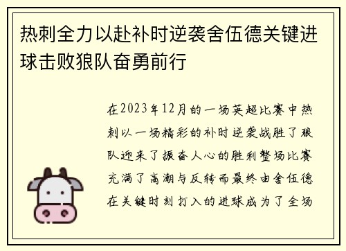 热刺全力以赴补时逆袭舍伍德关键进球击败狼队奋勇前行 热刺全力以赴补时逆袭舍伍德关键进球击败狼队奋勇前行