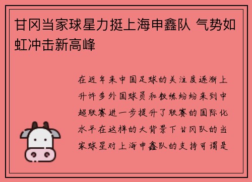 甘冈当家球星力挺上海申鑫队 气势如虹冲击新高峰 甘冈当家球星力挺上海申鑫队 气势如虹冲击新高峰