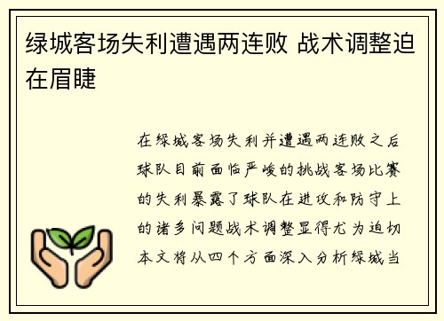 绿城客场失利遭遇两连败 战术调整迫在眉睫
