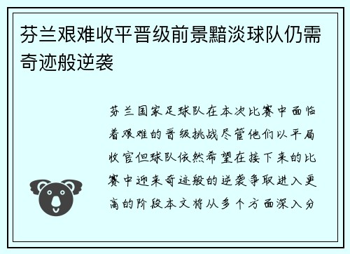 芬兰艰难收平晋级前景黯淡球队仍需奇迹般逆袭