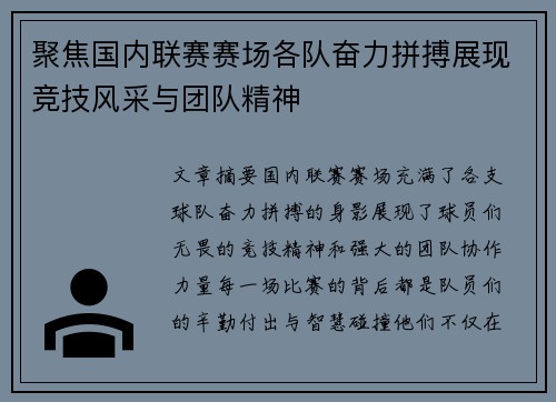 聚焦国内联赛赛场各队奋力拼搏展现竞技风采与团队精神 聚焦国内联赛赛场各队奋力拼搏展现竞技风采与团队精神