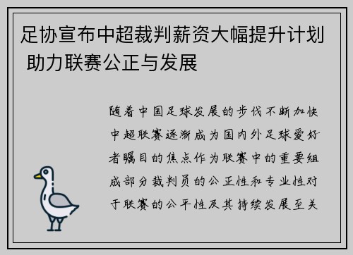 足协宣布中超裁判薪资大幅提升计划 助力联赛公正与发展 足协宣布中超裁判薪资大幅提升计划 助力联赛公正与发展