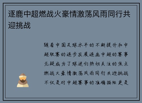 逐鹿中超燃战火豪情激荡风雨同行共迎挑战 逐鹿中超燃战火豪情激荡风雨同行共迎挑战