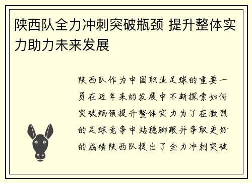 陕西队全力冲刺突破瓶颈 提升整体实力助力未来发展