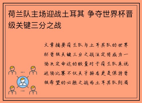 荷兰队主场迎战土耳其 争夺世界杯晋级关键三分之战