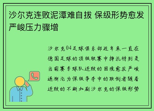 沙尔克连败泥潭难自拔 保级形势愈发严峻压力骤增 沙尔克连败泥潭难自拔 保级形势愈发严峻压力骤增