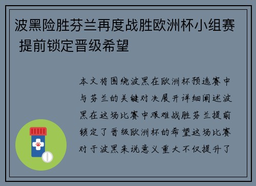 波黑险胜芬兰再度战胜欧洲杯小组赛 提前锁定晋级希望