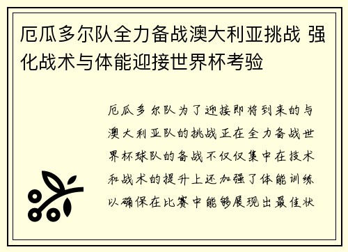 厄瓜多尔队全力备战澳大利亚挑战 强化战术与体能迎接世界杯考验 厄瓜多尔队全力备战澳大利亚挑战 强化战术与体能迎接世界杯考验